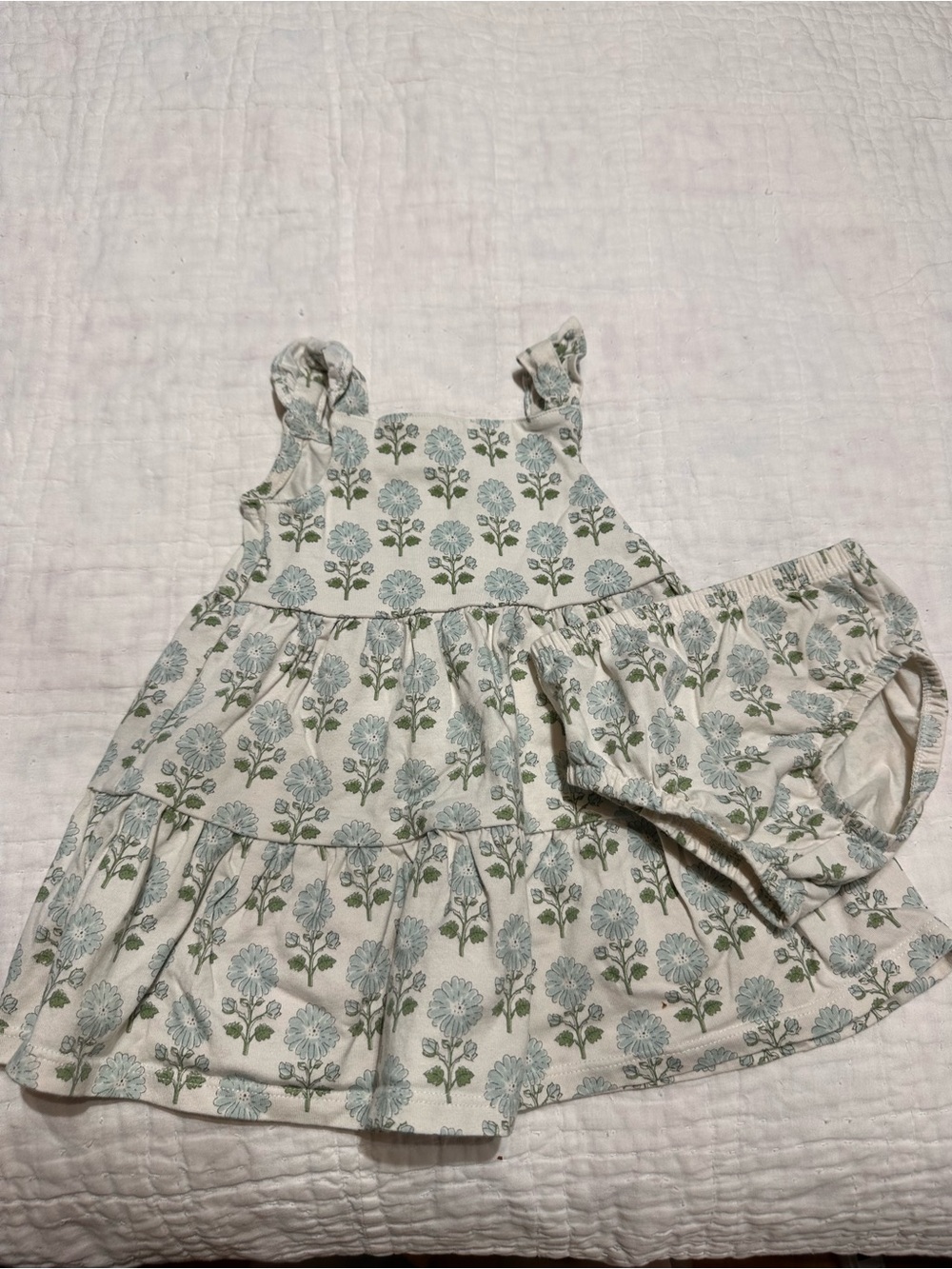 Girls' Floral Tiered Sundress with Bloom Print - White & Light Blue